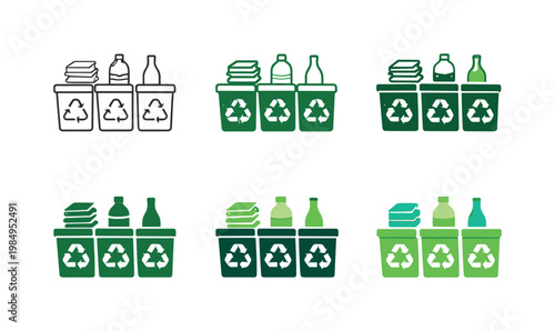 Green recycling and waste sorting icon showing bins clearly marked for paper, plastic, and glass, illustrated six times in a