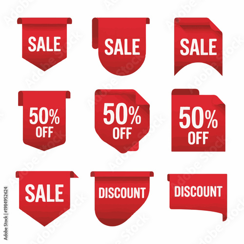 Red Sale Tags and Discount Labels Set – 50 Percent Off Promotional Ribbon Banners