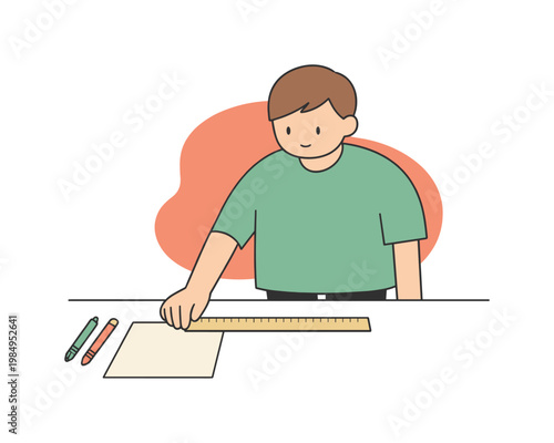 Calm person places a ruler neatly on a desk, aligning it beside paper and pens in a calm, uncluttered workspace area nearby today