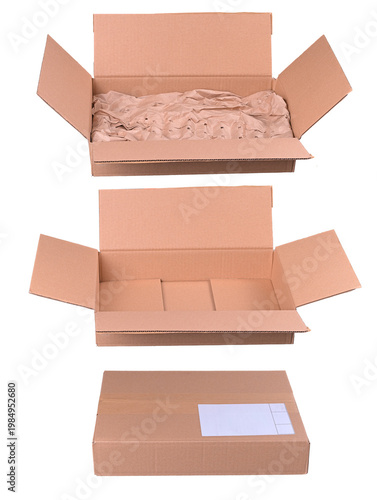 Three gray cardboard boxes - one closed, one open, and one open with seal. Isolated background.