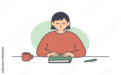 Quiet person closes a notebook on a tidy desk as pages align, hands relax, and the day gently comes to a calm pause  notebook