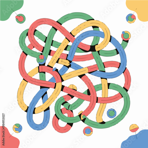 Abstract Maze Puzzle Game with Paths and Colored Dots, Brain Teaser Labyrinth Vector Illustration