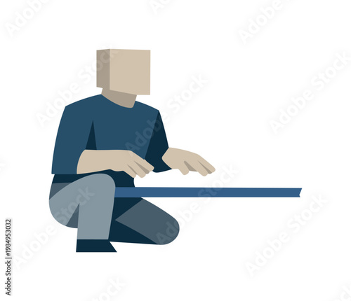 Individual pausing to gather a loose ribbon of thoughts into a single aligned strip, hands hovering with restrained gesture over