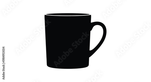 A stark black mug stands isolated against a bright white background silhouette