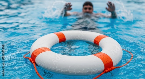 Lifebuoy floating in water with drowning man reaching out for help symbolizing rescue danger safety and emergency assistance