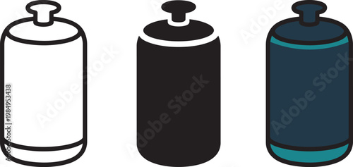 Container icon set with drawing, silhouette, and cylinder in outline, solid, and colored styles