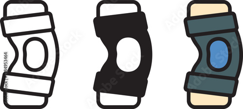 Knee brace icons with outline, solid, and colored fill versions for silhouette and body part