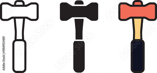 Three styles of a sledgehammer illustration, vector line art, solid fill, and colored icons