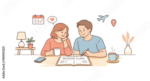 Couple planning their weekend getaway together with excitement and love