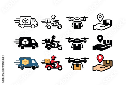 Icon object one representing the first last mile delivery element, icon object two representing the second, icon object three