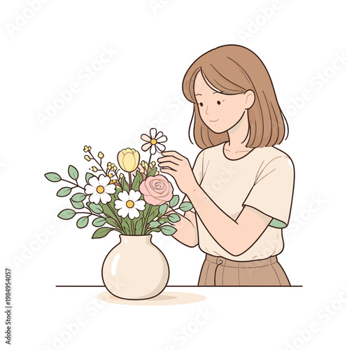 Woman styling fresh flowers in vase as part of home decor ritual, balanced composition with bouquet and vase only, minimalist