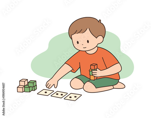 Bright child explores math games with cubes and cards arranging sets and noticing patterns with curiosity and focus during play!!