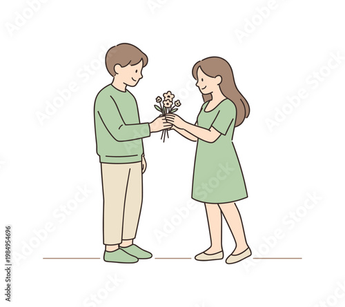 Man giving flowers woman during a quiet walk, bodies slightly turned toward each other and hands meeting softly, minimalist flat