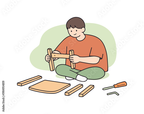 Quiet person assembles a chair from parts on the floor as wooden pieces align and tools rest nearby in open space  scene of