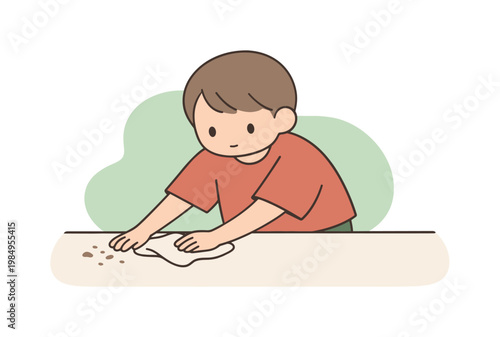 Quiet child wipes a table with a cloth, moving hands slowly as crumbs disappear and the surface looks clean  scene of child