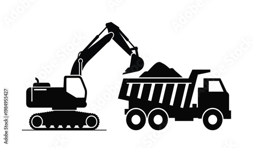 A black and white illustration depicts a heavy duty excavator actively loading material into a large dump truck presented as a silhouette high quality