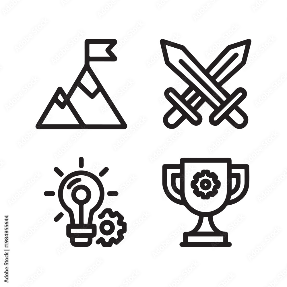 Fototapeta premium Minimal Outline Icons Set – Achievement, Strategy, Innovation and Success Concepts
