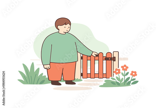 Calm person closes a garden gate, hand on latch while sunlight falls across a tidy path and plants sway softly nearby home calmly