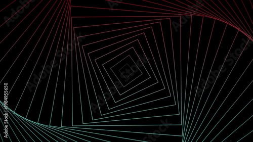 Abstract neon lines forming rotating polygon tunnel on dark background. smooth looping motion with gradient glow. futuristic design, geometric pattern, tech background, digital vortex, sci fi style