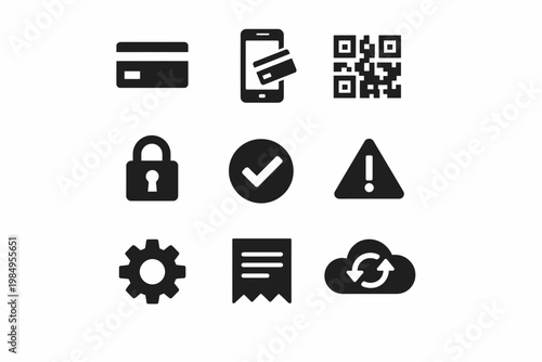 Digital payment and security icons set with qr code and cloud sync