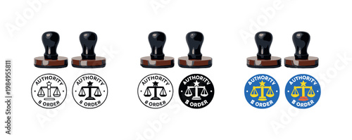 Authority and order metaphor expressed using matching official stamps positioned side by side, identical round impressions and