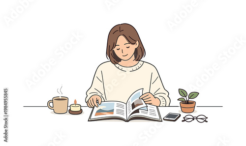 Cozy Magazine Moment. Woman flipping through magazine pages during cozy routine, balanced composition with magazine centered and