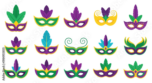 Colorful Mardi Gras masks with vibrant feathers and decorative designs for celebration parties