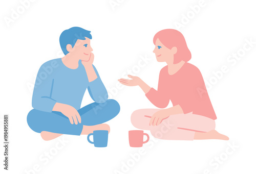 Two people enjoying calm evening conversation at home, subtle gestures and comfortable poses suggesting intimacy, minimalist flat