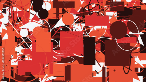 Red and black abstract composition with geometric shapes and lines white