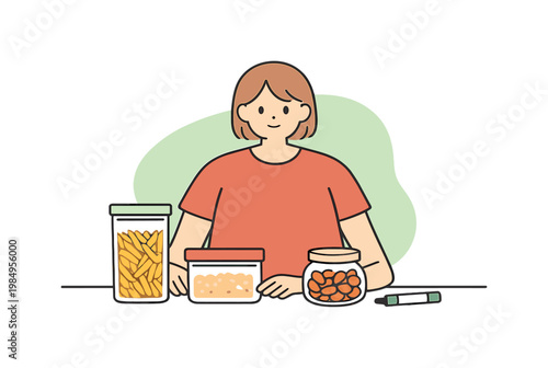 Bright kitchen scene shows a person finishing labeling containers, hands resting as everything looks clearly organized  scene of