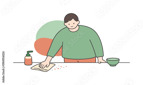 Quiet person cleans a countertop with a cloth, wiping crumbs away in smooth strokes as the surface becomes clear  scene of