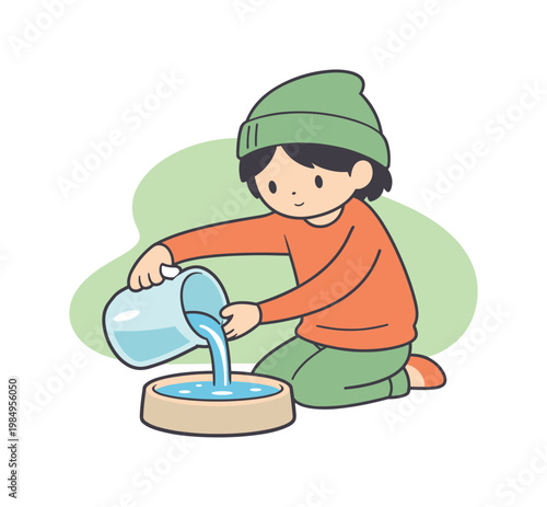 Child Refilling Water Bowl. Warm child refills a water bowl carefully, holding a jug steady as clear water reaches the rim without