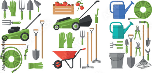 Garden Tools Vector Icon Set with Lawnmower, Wheelbarrow, Watering Can, Shovel, Rake, Gloves, Hose, and Pruner Equipment Elements