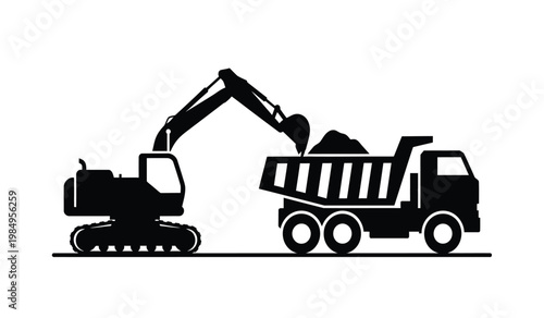 A black silhouette depicts a heavy excavator dumping a load of rocks into a waiting dump truck showcasing construction equipment silhouette high quality professional