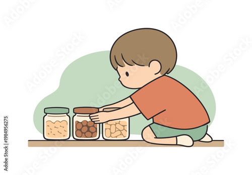 Quiet child organizes pantry jars on a low shelf, lining labels forward while checking spacing with careful hands  scene of