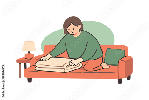 Calm Blanket Folding. Quiet person folds a soft blanket on a couch, smoothing edges and aligning corners in a tidy living room