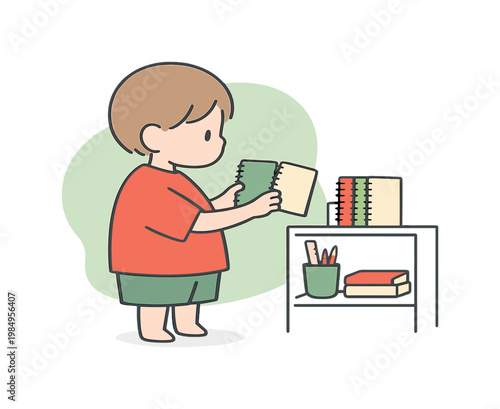 Quiet child stands by a shelf selecting a notebook, fingers pause, colors compare, room tidy and still around quietly now today