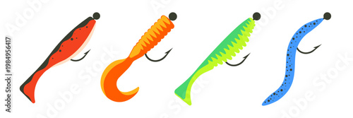  Soft lures vector. Soft Fishing bait icon.