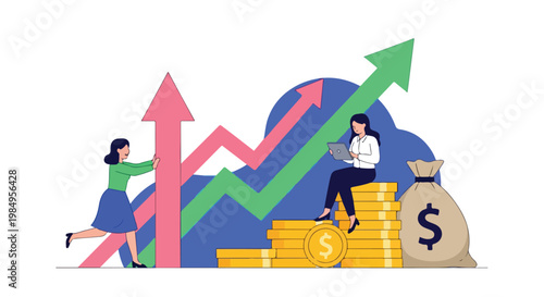 Business growth and financial success concept with upward trending graph, coins, and people analyzing data