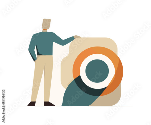 Individual standing beside a single dominant abstract form, recognizing a central meaning that holds. Stylized editorial