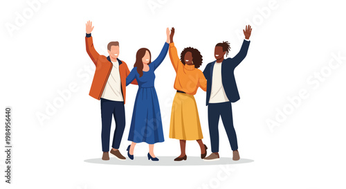 Group of diverse happy people celebrating together with raised hands and joyful expressions in a social gathering