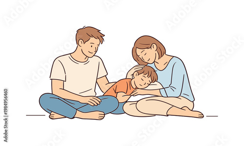 Parents sharing tender moment comforting sleepy child, balanced composition with relaxed poses and open space around, minimalist