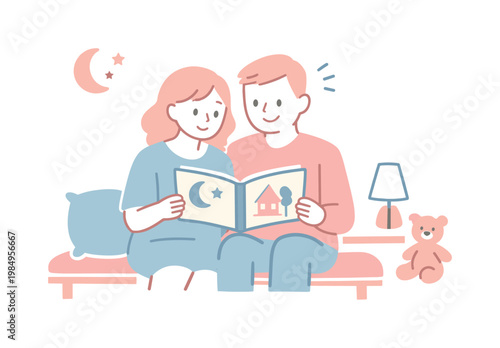 Parents sitting together during bedtime routine reading story aloud, peaceful atmosphere with simple seating and book detail,