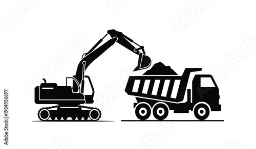 A stark depiction shows a heavy machinery scene with an excavator loading a dump truck presented as a bold silhouette high quality professional detailed