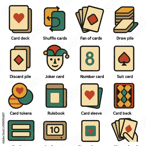 Collection of flat icons representing various elements of card games and board games