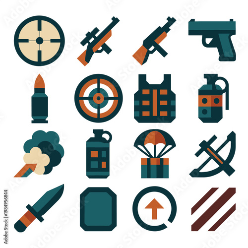 Collection of flat design icons representing various military and combat equipment and symbols