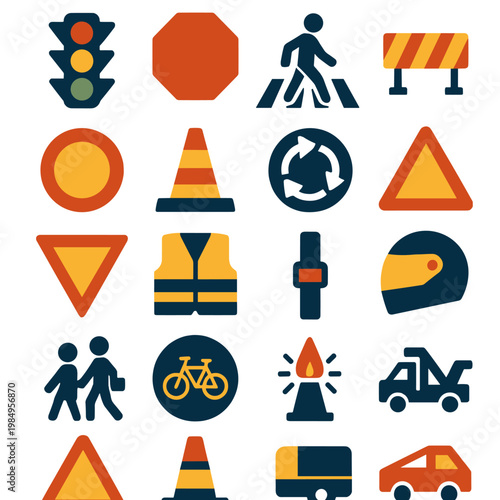 Collection of traffic and safety icons including traffic lights, cones, and signs