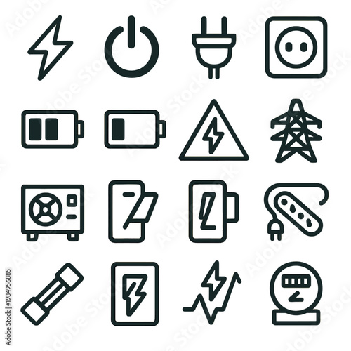 Collection of electricity and power icons representing energy and technology concepts