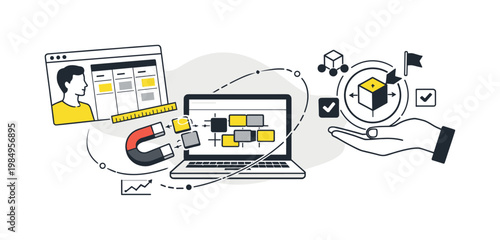 Modern minimal flat vector conceptual collage, crisp hard edges, consistent THIN outline stroke, rounded corners where needed,