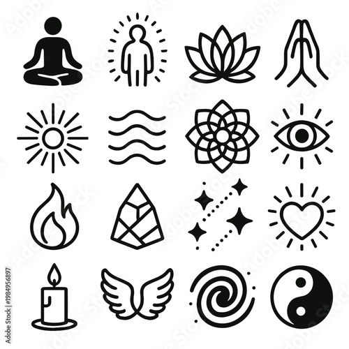 Collection of spiritual and wellness icons including meditation, lotus, sun, and yin yang symbols
